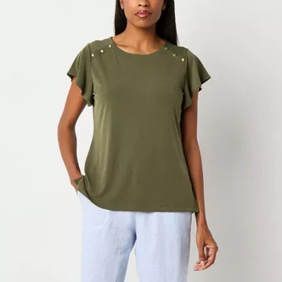 Liz Claiborne Womens Round Neck Short Sleeve Blouse In Green