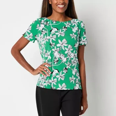 Liz Claiborne Womens Round Neck Short Sleeve Blouse In Green