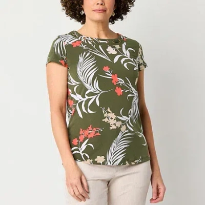 Liz Claiborne Womens Round Neck Short Sleeve Blouse In Green