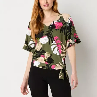 Liz Claiborne Womens V Neck Short Sleeve Wrap Shirt In Green