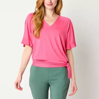 Liz Claiborne Womens V Neck Short Sleeve Wrap Shirt In Pink