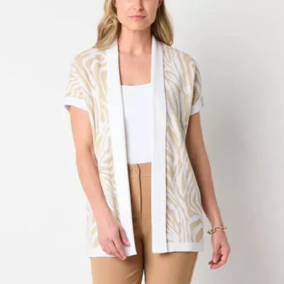 Liz Claiborne Womens Short Sleeve Open Front Animal Cardigan In Sand