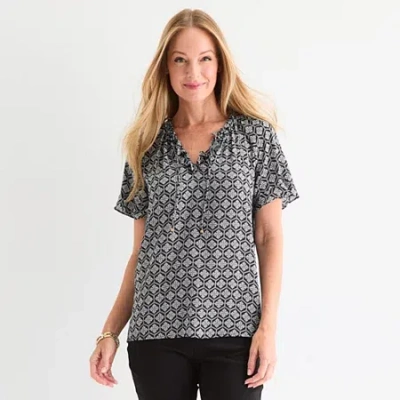 Liz Claiborne Womens Split Tie Neck Short Sleeve Blouse In Black