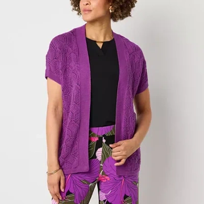 Liz Claiborne Womens Short Sleeve Open Front Cardigan In Purple