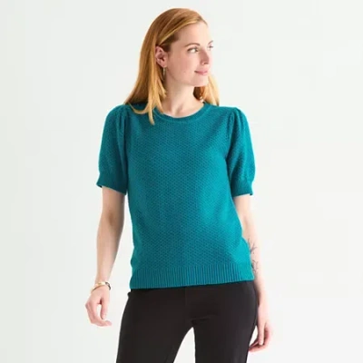 Liz Claiborne Womens Crew Neck Short Sleeve Pullover Sweater In Blue