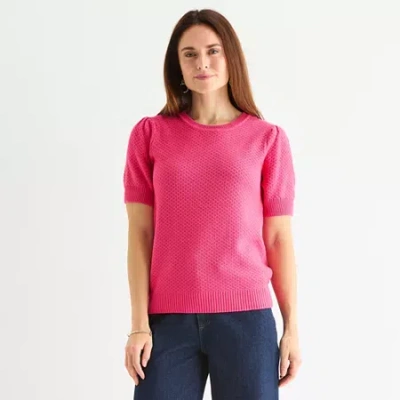 Liz Claiborne Womens Crew Neck Short Sleeve Pullover Sweater In Pink