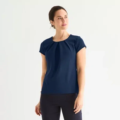 Liz Claiborne Texture Tee Womens Easy-on + Easy-off Round Neck Short Sleeve Adaptive Blouse In Blue