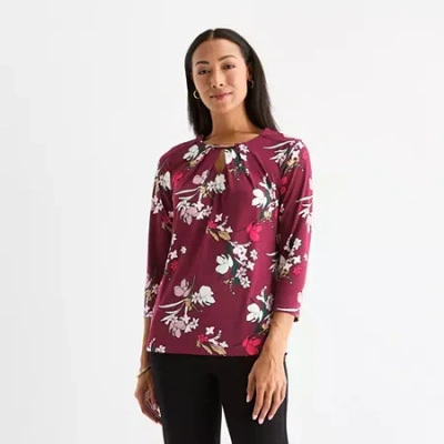 Liz Claiborne Womens Easy-on + Easy-off Keyhole Neck 3/4 Sleeve Adaptive Blouse In Red
