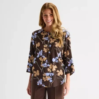 Liz Claiborne Womens Crew Neck 3/4 Sleeve Tunic Top In Brown