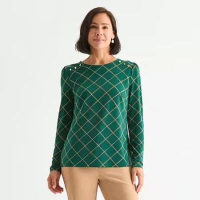 Liz Claiborne Womens Round Neck Long Sleeve Blouse In Green