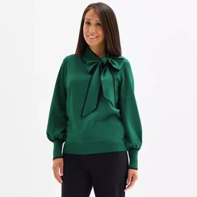 Liz Claiborne Womens Split Tie Neck Long Sleeve Pullover Sweater In Green