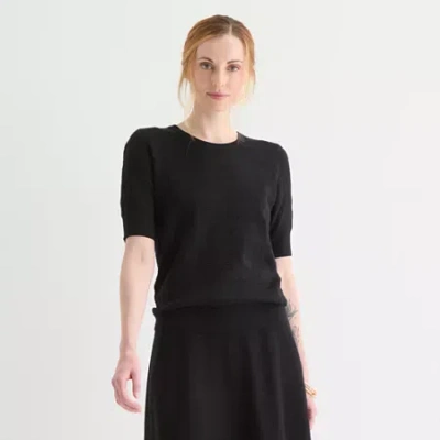 Liz Claiborne Womens Crew Neck Elbow Sleeve Pullover Sweater In Black