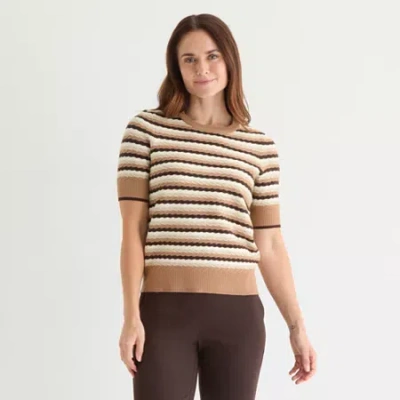 Liz Claiborne Womens Crew Neck Elbow Sleeve Pullover Sweater In Brown