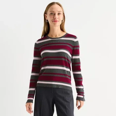 Liz Claiborne Womens Round Neck Long Sleeve Striped Pullover Sweater In Gray