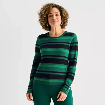 Liz Claiborne Womens Round Neck Long Sleeve Striped Pullover Sweater In Green