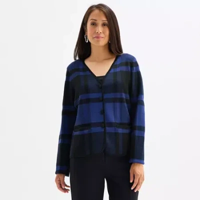 Liz Claiborne Womens V Neck Long Sleeve Open Front Plaid Cardigan In Blue