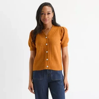 Liz Claiborne Womens V Neck Short Sleeve Button Cardigan In Yellow