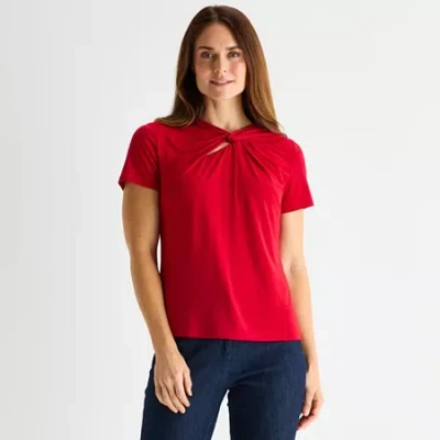 Liz Claiborne Womens Asymmetrical Neck Short Sleeve Blouse In Red