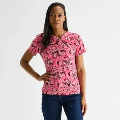 Liz Claiborne Womens Asymmetrical Neck Short Sleeve Blouse In Purple