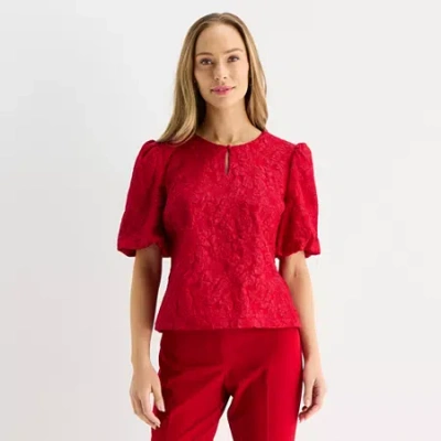 Liz Claiborne Womens Keyhole Neck Elbow Sleeve Blouse In Red