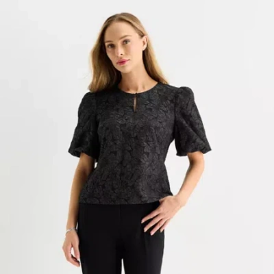 Liz Claiborne Womens Keyhole Neck Elbow Sleeve Blouse In Black