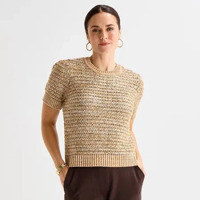 Liz Claiborne Womens Crew Neck Short Sleeve Pullover Sweater In Sand