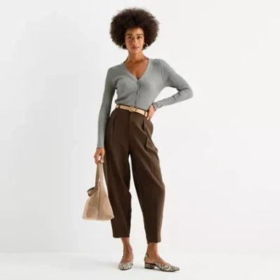 Worthington Womens Tapered Pleated Pant In Brown