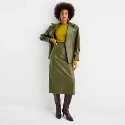 Worthington Womens Midi Faux Leather Pencil Skirt In Green