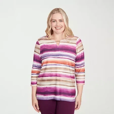 Alfred Dunner Urban Legend Womens Keyhole Neck 3/4 Sleeve T-shirt In Purple