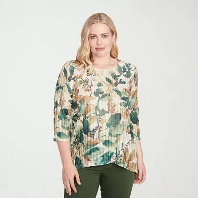 Alfred Dunner Mount Laurel Womens Crew Neck 3/4 Sleeve T-shirt In Green