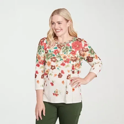 Alfred Dunner Mount Laurel Womens Crew Neck 3/4 Sleeve T-shirt In Sand