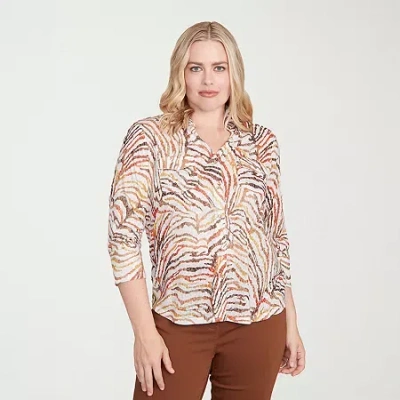 Alfred Dunner Mount Laurel Womens 3/4 Sleeve Button-down Shirt In Sand