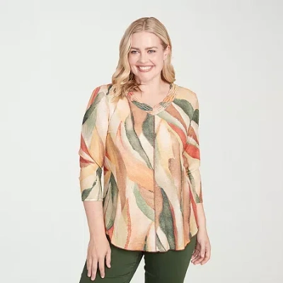 Alfred Dunner Mount Laurel Womens V Neck 3/4 Sleeve T-shirt In Green