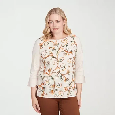 Alfred Dunner Mount Laurel Womens Crew Neck 3/4 Sleeve T-shirt In Sand