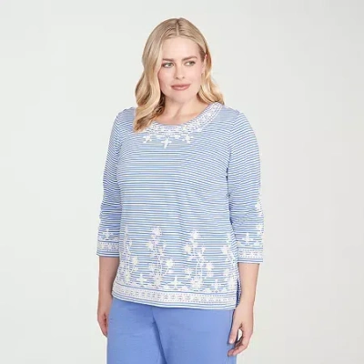 Alfred Dunner Casual Vibe Womens Crew Neck 3/4 Sleeve T-shirt In Blue