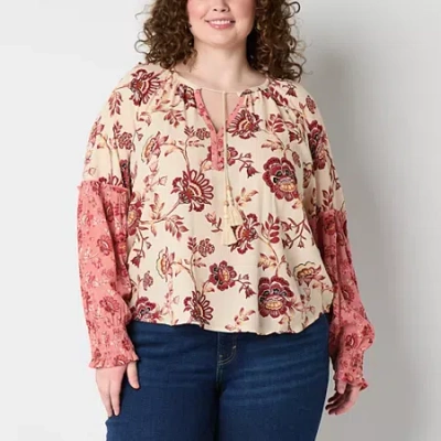 Frye And Co Womens Plus Split Tie Neck Long Sleeve Blouse In Pink