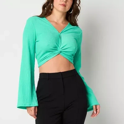 Bold Elements Womens V Neck Long Sleeve Crop Top In Green
