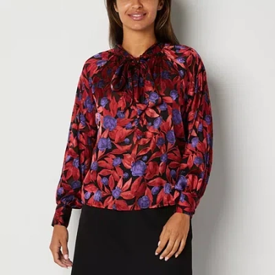 Worthington Womens Mock Neck Long Sleeve Blouse In Red