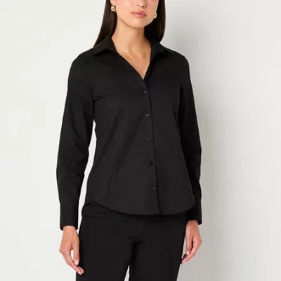 Worthington Womens Cuffed Long Sleeve Modern Fit Button-down Shirt In Black