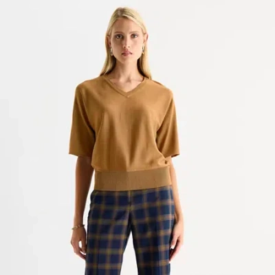 Worthington Womens V Neck Short Sleeve Pullover Sweater In Brown