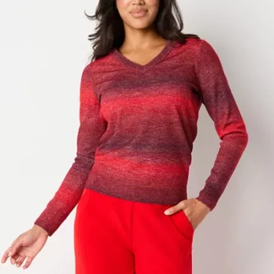 Worthington Womens V Neck Long Sleeve Pullover Sweater In Red