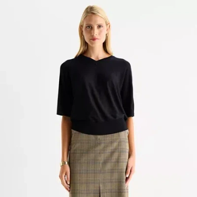 Worthington Womens V Neck Short Sleeve Pullover Sweater In Black