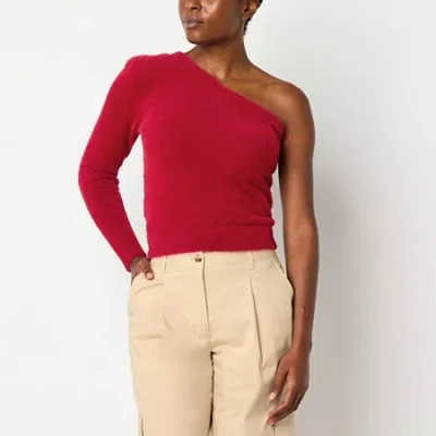 Worthington Womens Asymmetrical Neck Long Sleeve Pullover Sweater In Red