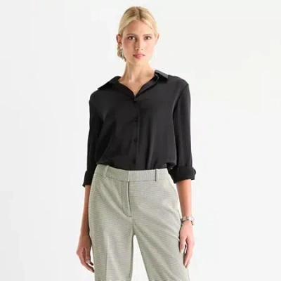 Worthington Womens Long Sleeve Satin Blouse In Black