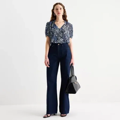 Worthington Womens V Neck Short Sleeve Blouse In Blue