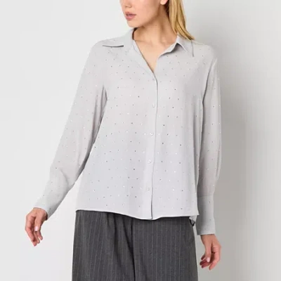 Worthington Womens Cuffed Long Sleeve Button-down Shirt In Gray