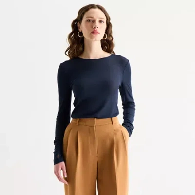 Worthington Womens Crew Neck Long Sleeve T-shirt In Blue