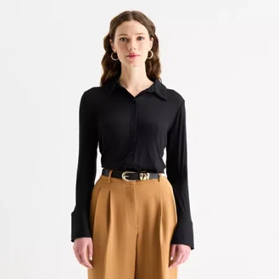 Worthington Womens Fitted Long Sleeve Regular Fit Button-down Shirt In Black