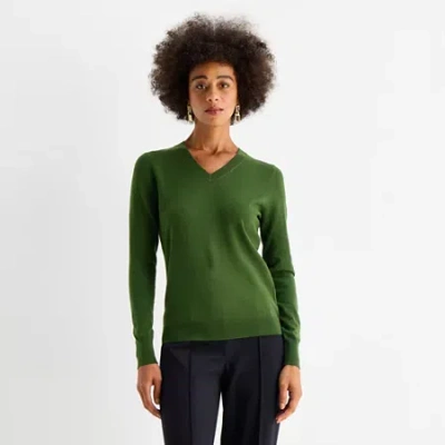 Worthington Womens V Neck Long Sleeve Pullover Sweater In Green