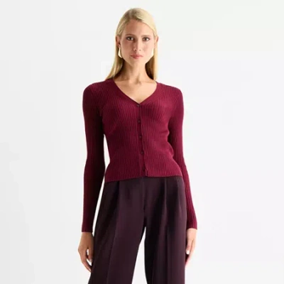 Worthington Womens Long Sleeve Button Open Front Cardigan In Red